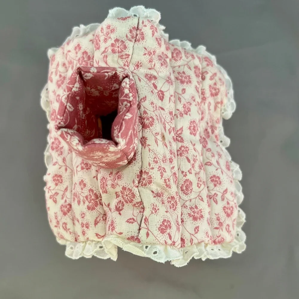 Vintage Tissue Box Cover Quilted Cottage Floral Lace Trim Mauve Pink Cream